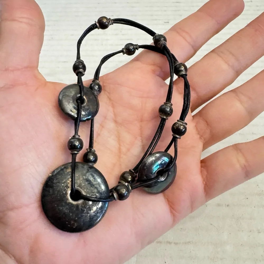 Sterling Silver Round Puffer Circle Discs Leather Cord Necklace Made in Italy - Picture 16 of 16